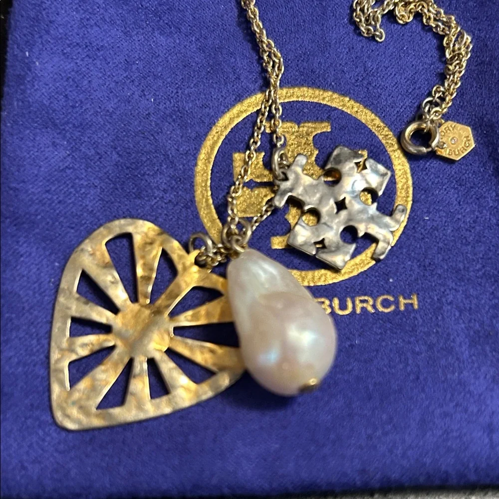 Tory Burch Gold and Pearl Charm Necklace